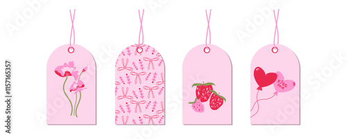 Valentine's day set of tags with romantic elements, hearts balloons, flowers, bows, strawberries. Concept card for gifts, present box, shopping emblems. Vector illustration with pink and red colors
