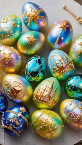 Fairy tale fantasy Easter eggs painted with castles, stars, and magical wands. Perfect for storytelling, holidays, or decorative themes