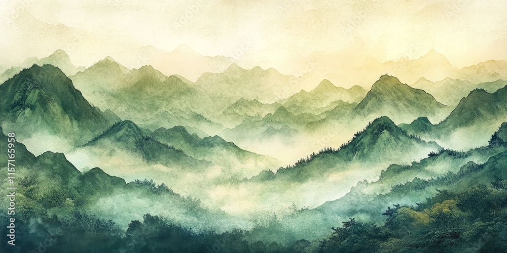 In traditional Chinese landscapes depicted in watercolors, the scene features misty green mountains showcasing their rugged terrain, highlighting the beauty of nature. In traditional Chinese landscapes depicted in watercolors, the scene features misty green mountains showcasing their rugged terrain, highlighting the beauty of nature.