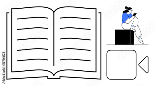 Open book with horizontal lines, person sitting on a block reading a tablet, and a play button icon. Ideal for education, e-learning, digital resources, online libraries, multimedia learning
