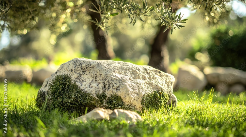 Large rock in grassy field with olive trees. Large rock in grassy field with olive trees.