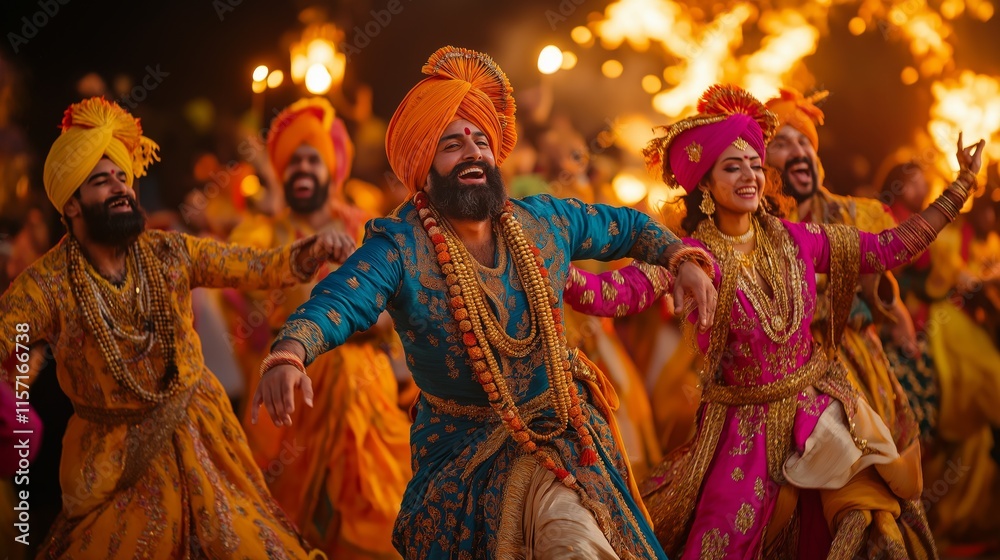 Fototapeta premium Group of men and women in traditional Punjabi attire dancing joyfully during Lohri festival