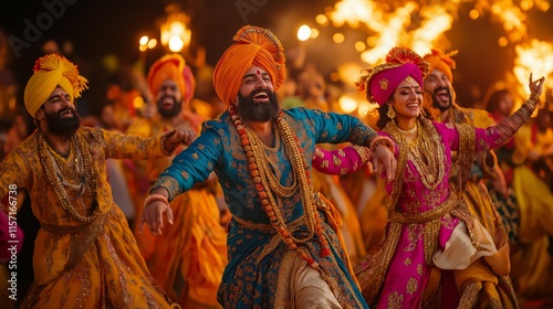 Group of men and women in traditional Punjabi attire dancing joyfully during Lohri festival