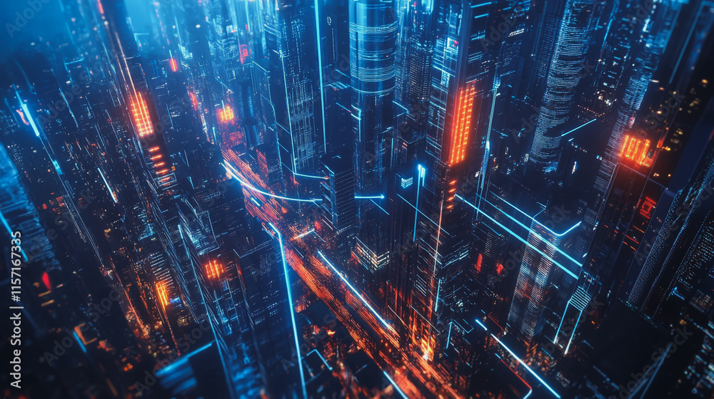 Fototapeta premium Smart digital Innovation city with connection network reciprocity over the cityscape. of future smart wireless digital city and social media networking systems that connects people with in city