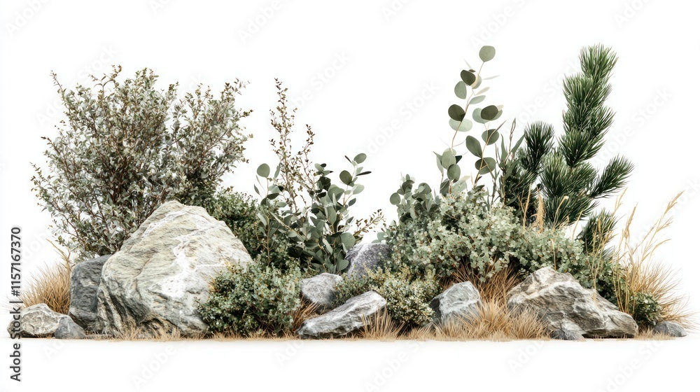 Fototapeta premium Rocky terrain with diverse shrubs, grasses, and pine.