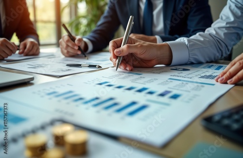 Wallpaper Mural Business team works at office desk. Analyze financial reports, business plan. Documents, charts show financial analysis. Meeting in progress. Team collaborates to plan investments. Use laptop, tech. Torontodigital.ca