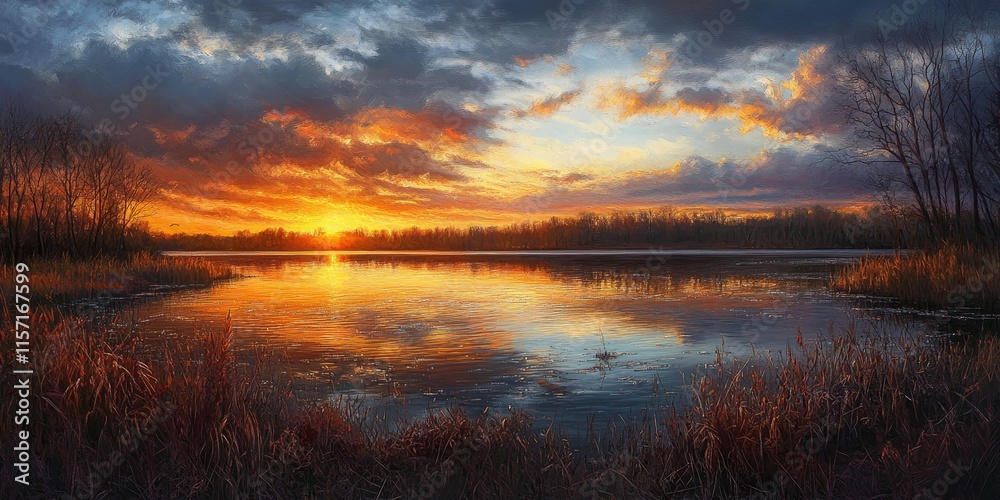 Dramatic and colorful sunset over a serene lake, featuring a cloudy sky that enhances the epic beauty of the scene, perfect for capturing the essence of a vibrant sunset over a tranquil lake. Dramatic and colorful sunset over a serene lake, featuring a cloudy sky that enhances the epic beauty of the scene, perfect for capturing the essence of a vibrant sunset over a tranquil lake.