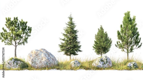 Isolated trees, rocks, and grass on white background.