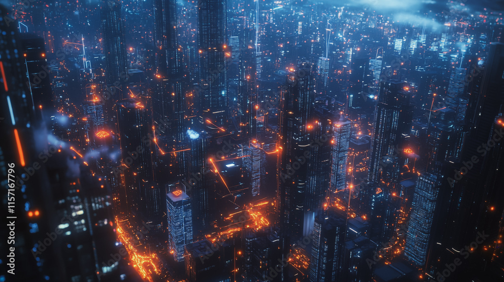 Obraz premium Smart digital Innovation city with connection network reciprocity over the cityscape. of future smart wireless digital city and social media networking systems that connects people with in city