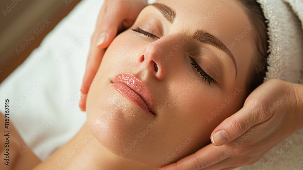 Naklejka premium A woman receives a facial massage at a spa, displaying a peaceful expression of comfort. Skilled hands massage her neck and cheeks, revealing clean, glowing skin