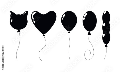 Different balloon shapes including cat, heart, and oval designs in black color
