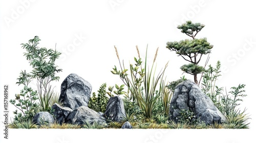 Watercolor landscape with rocks, shrubs, and grasses.