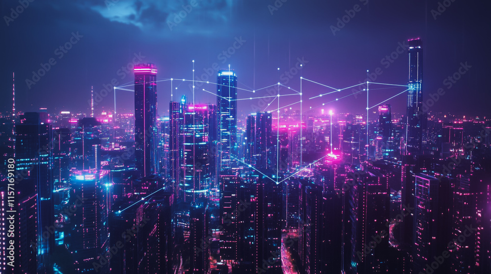 Smart digital Innovation city with connection network reciprocity over the cityscape. of future smart wireless digital city and social media networking systems that connects people with in city Smart digital Innovation city with connection network reciprocity over the cityscape. of future smart wireless digital city and social media networking systems that connects people with in city