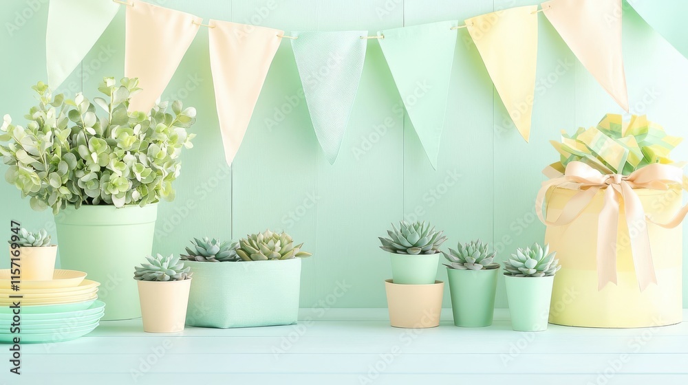 Fototapeta premium Soft pastel decor with potted succulents and bunting creates a cheerful ambiance.