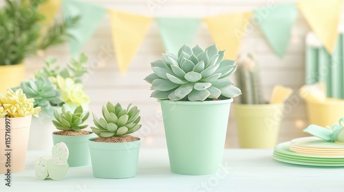 Wallpaper Mural Succulents in pastel pots with festive decorations create a cheerful, vibrant atmosphere. Torontodigital.ca