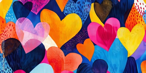 A vibrant fabric fragment features a multi colored abstract print showcasing bright geometric hearts, perfect for use as a background or decorative element in various creative projects.