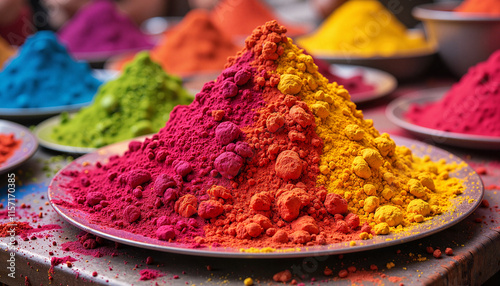 Colorful powdered pigments for Holi festival displayed on a table photo