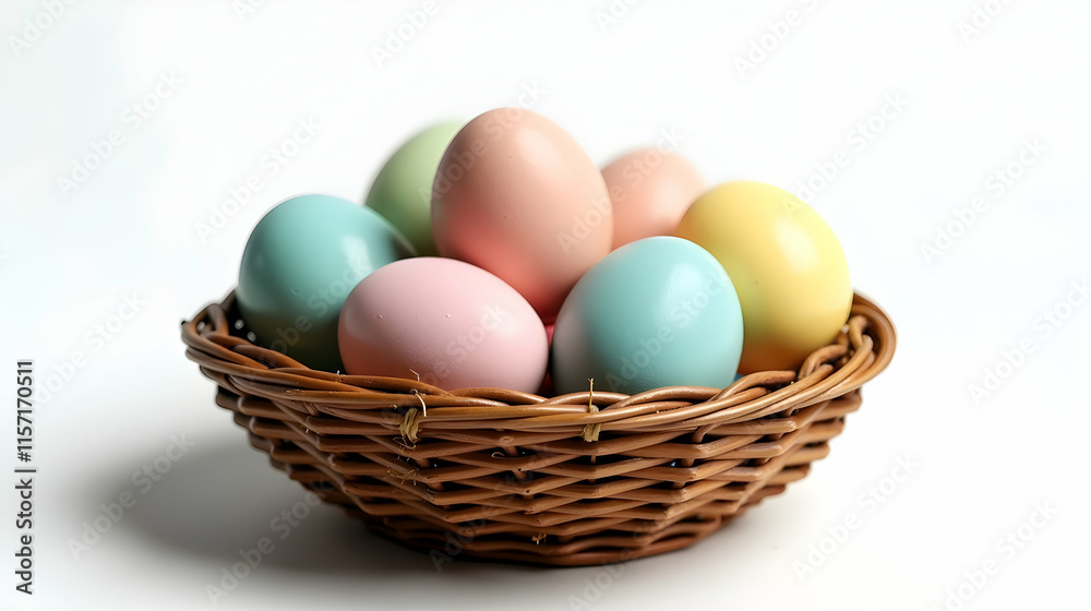 Pastel-colored Easter eggs nestled in a charming wicker basket, a delightful spring scene. Pastel-colored Easter eggs nestled in a charming wicker basket, a delightful spring scene.