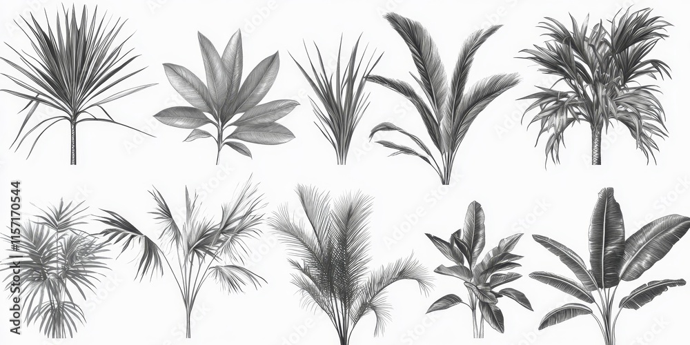 A variety of tropical plants featuring shiny outlines set against a white backdrop, showcasing a minimalist approach with negative space for adaptable design purposes.