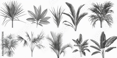 Obraz na płótnie A variety of tropical plants featuring shiny outlines set against a white backdrop, showcasing a minimalist approach with negative space for adaptable design purposes. w salonie