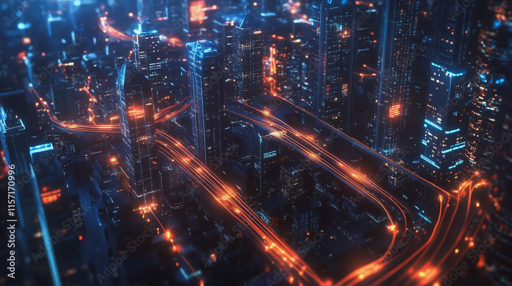 Fototapeta premium Smart digital Innovation city with connection network reciprocity over the cityscape. of future smart wireless digital city and social media networking systems that connects people with in city