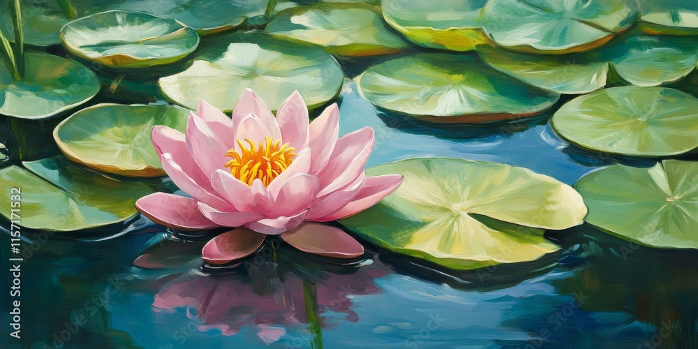 Vibrant pink water lily blooms gracefully among lush green lily pads, creating a serene aquatic scene with captivating pink water lily petals enhancing the tranquil setting. Vibrant pink water lily blooms gracefully among lush green lily pads, creating a serene aquatic scene with captivating pink water lily petals enhancing the tranquil setting.