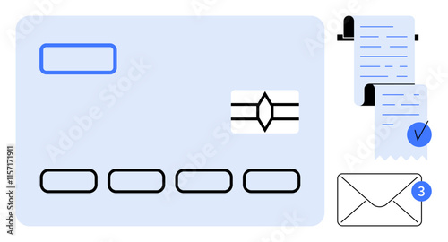 A debit or credit card and paper receipts. An envelope with a notification badge. Ideal for online payments, banking, e-commerce, digital notifications, financial transactions, communication