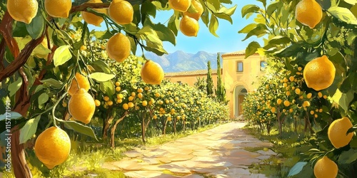 Lush lemon fruits in a vibrant lemon garden under a clear summer sky create a picturesque scene. Enjoy the beauty of lemon fruits thriving in nature s embrace with this stunning lemon garden view.