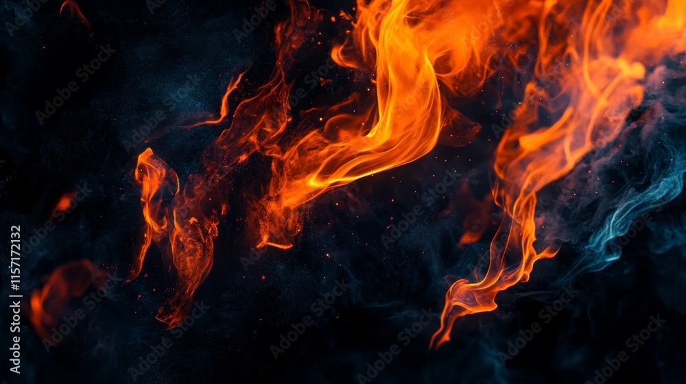 Closeup of vibrant flames against a dark background, showcasing the intensity and beauty of flames in detail, perfect for illustrating the captivating nature of flames in various contexts.
