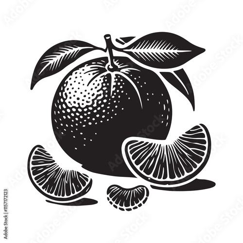 Tangerine Silhouette Vector Illustration, Solid White Background.