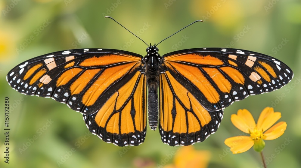 Naklejka premium Monarch butterfly with open wings, close-up.