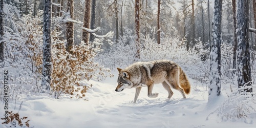 Gray wolf, Canis lupus, in a winter forest scene. This majestic wolf is exploring its natural habitat while sniffing for prey in the snowy landscape. A glimpse of the gray wolf s behavior in nature. photo