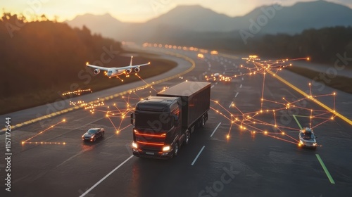 Global Logistics Network  Smart Truck  Airplane  Cars Sunset Highway photo