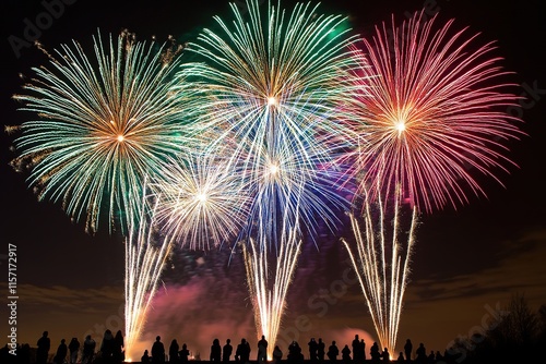 Colorful fireworks explode against night sky, illuminating silho photo