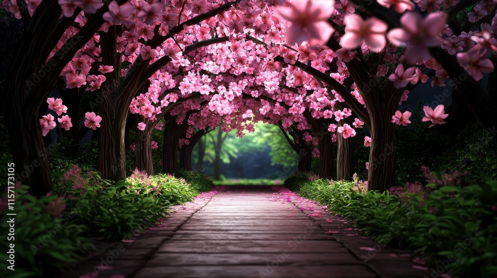 Enchanting Cherry Blossom Pathway in Lush Spring Garden with Flowering Trees and Tranquil Atmosphere Enchanting Cherry Blossom Pathway in Lush Spring Garden with Flowering Trees and Tranquil Atmosphere