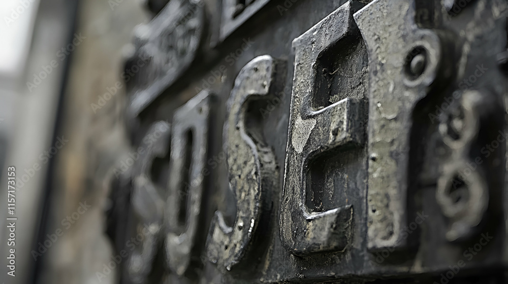 Weathered Metal Letters, Industrial Alphabet Texture, Showing Age and Decay, Deeply Textured Surface,  Vintage Industrial Design,  Black and White Photography.