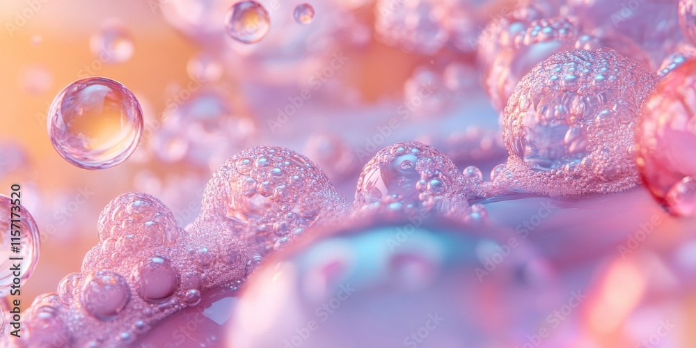 Bubble and molecule design for a cosmetic product, showcasing the intricate relationship between bubble formations and molecular structures in cosmetic formulations and their efficacy. Bubble and molecule design for a cosmetic product, showcasing the intricate relationship between bubble formations and molecular structures in cosmetic formulations and their efficacy.
