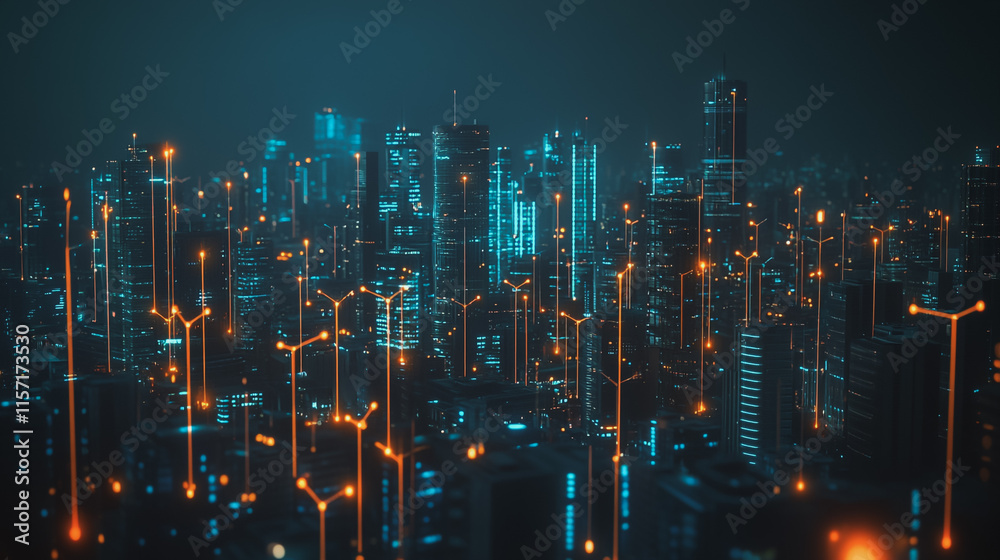 Fototapeta premium Smart digital Innovation city with connection network reciprocity over the cityscape. of future smart wireless digital city and social media networking systems that connects people with in city