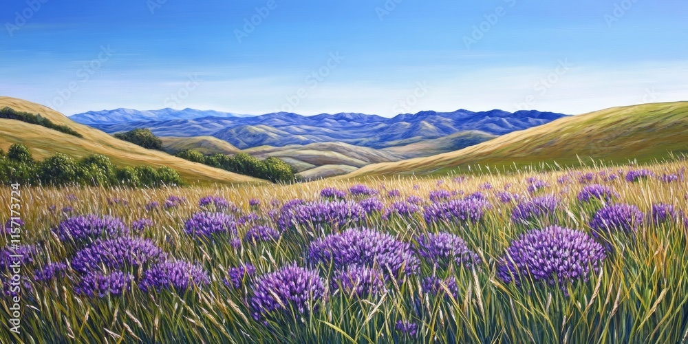 Obraz premium Vibrant grass and wild purple flowers enhance the beauty of the foothills, under a clear blue sky. Experience nature at its best with this stunning display of grass and wild purple flowers.