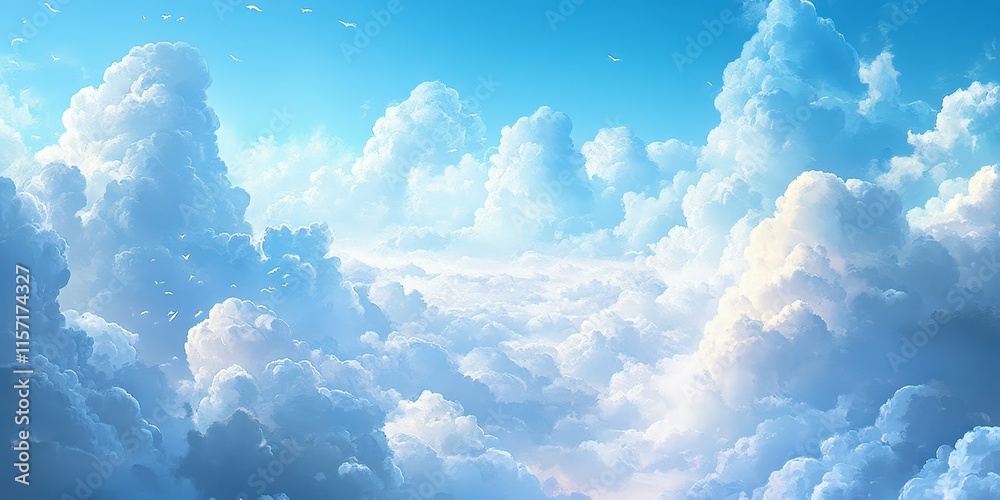 Naklejka premium Stunning sky featuring fluffy white clouds creates a serene atmosphere, highlighting the beauty of the sky filled with white clouds in a tranquil setting for nature enthusiasts and photographers.