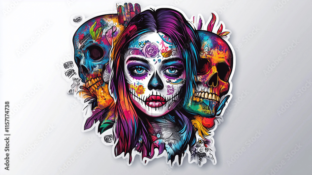 Naklejka premium Vibrant Day of the Dead inspired artwork featuring a colorful skull design and expressive artistic style