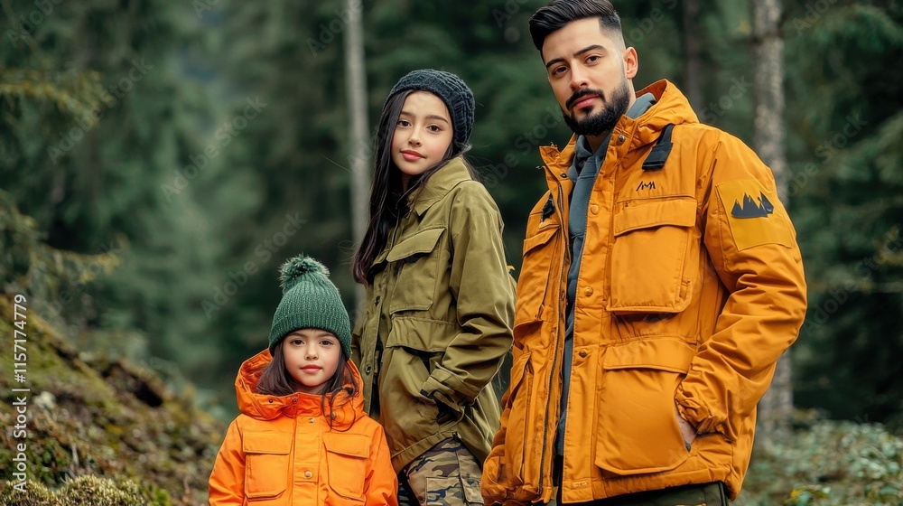 Adventurous Family Hiking in Lush Forest Landscape with Mountain Backdrop Adventurous Family Hiking in Lush Forest Landscape with Mountain Backdrop
