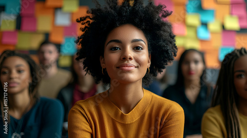 Confident Young Woman Smiles Among Peers: Team Success, Collaborative Spirit, Shared Goals,  Positive Outlook,  Bright Future