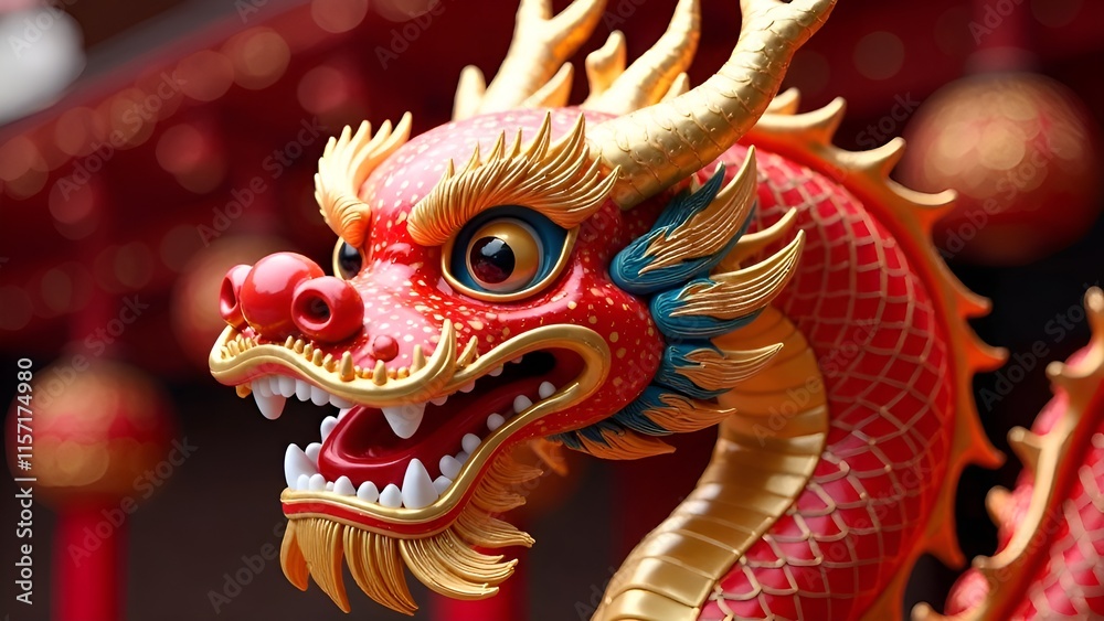 Red Chinese dragon statue with city background, dragon head close-up. Red Chinese dragon statue with city background, dragon head close-up.