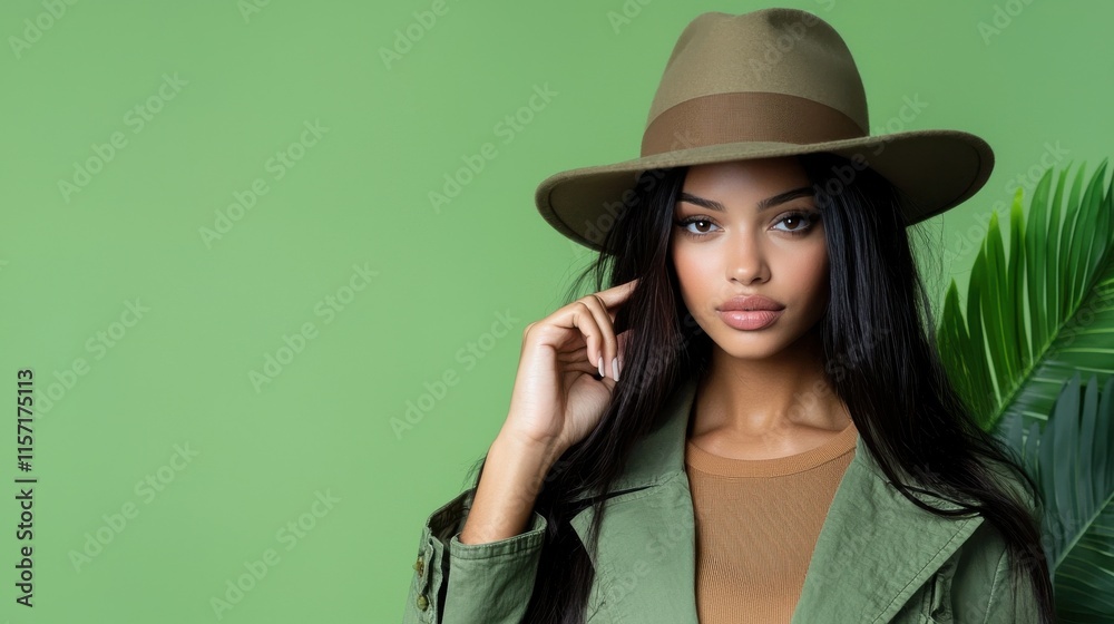 Confident Young Woman in Hat Posing Against Tropical Leaves Background Confident Young Woman in Hat Posing Against Tropical Leaves Background