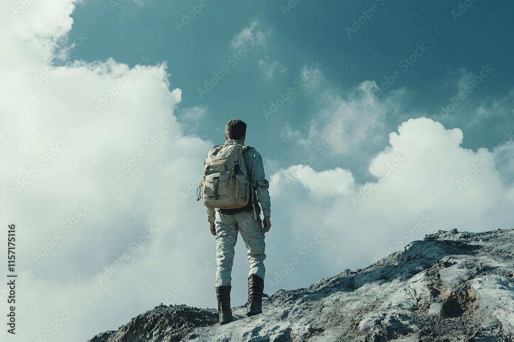 Fototapeta premium solitary figure stands atop rocky peak, gazing at vast clouds ab