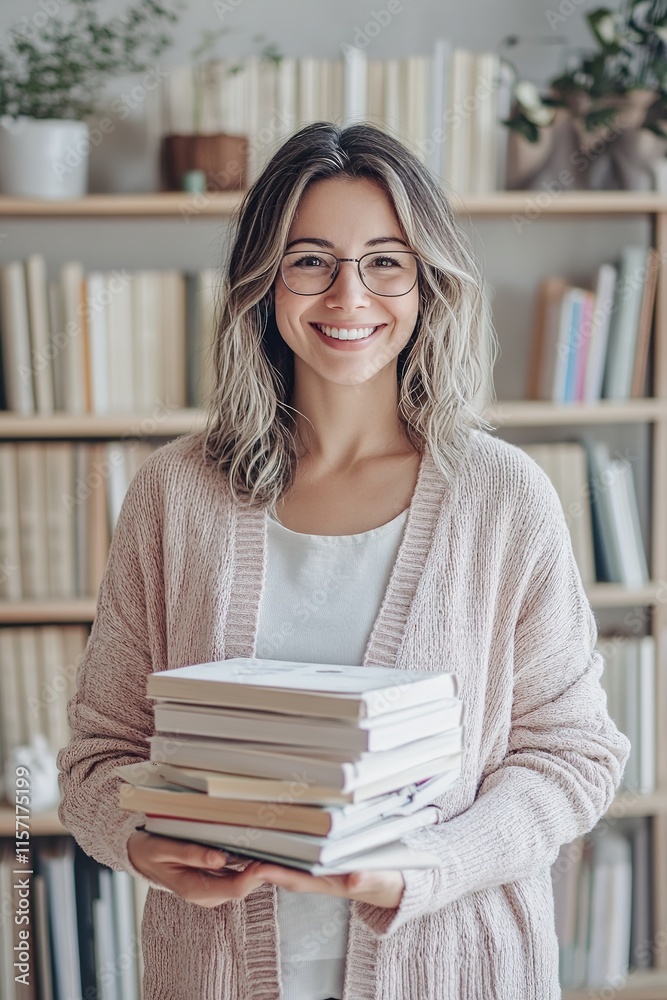 Smiling woman holds stack of books in cozy library setting, exud Smiling woman holds stack of books in cozy library setting, exud