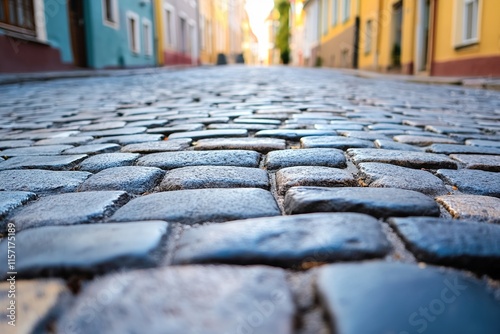 Cobblestone street reflects vibrant colors of surrounding buildi
