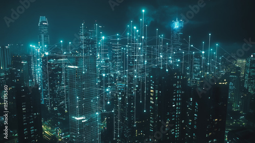 Wallpaper Mural Smart digital Innovation city with connection network reciprocity over the cityscape. of future smart wireless digital city and social media networking systems that connects people with in city Torontodigital.ca