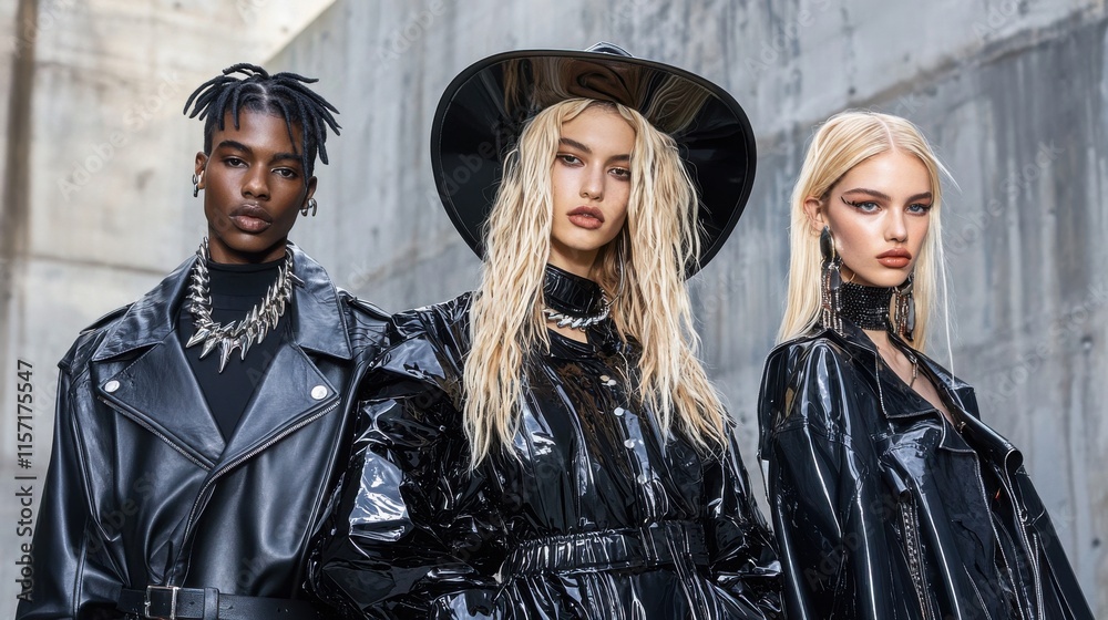 Obraz premium Edgy and Confident Fashion Models in Sleek Black Leather Outfits Posing on Urban Street